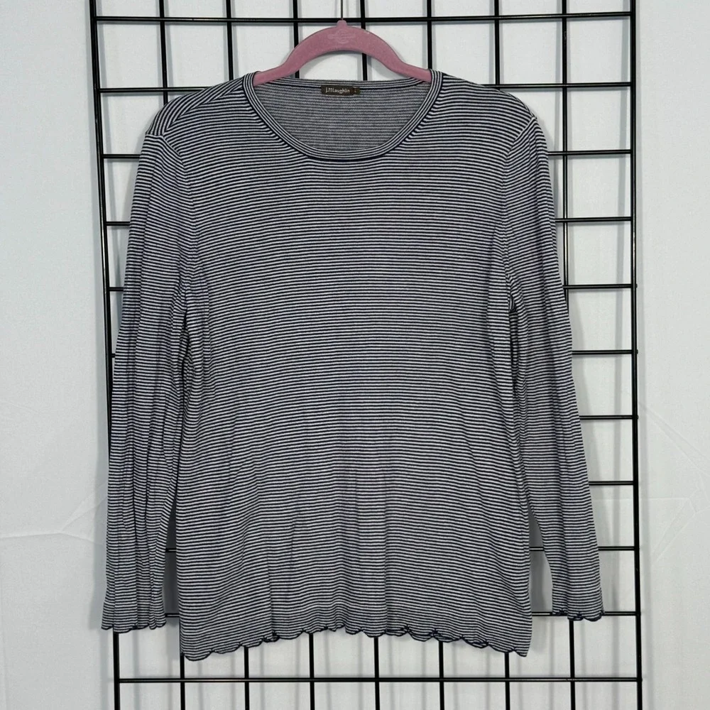 J. McLaughlin‎ Shirt Womens L Large Blue White Stripe Cashmere Blend Scallop Hem